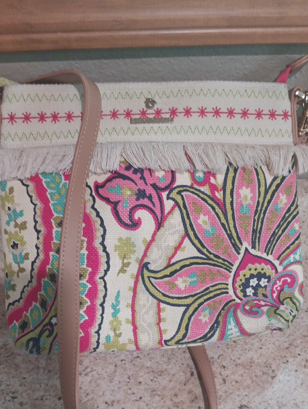 Spartina 449 Fringed Floral Canvas Crossbody Bag in Pink & Cream